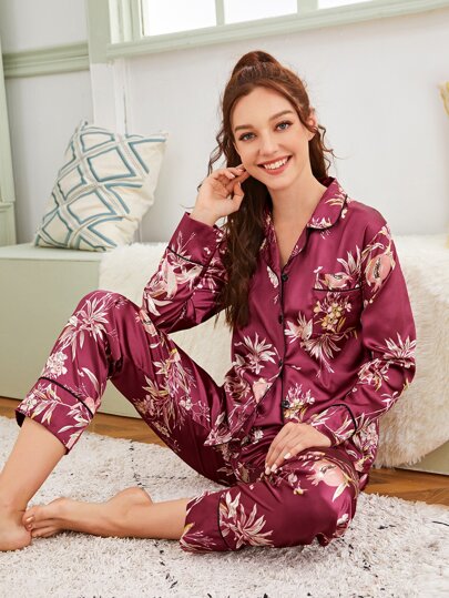Floral Print Satin PJ Set