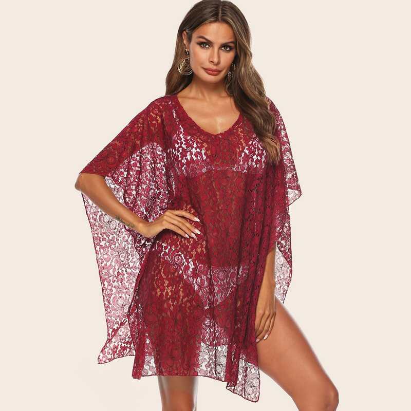 

Floral Lace Cover Up Without Bikini, Burgundy