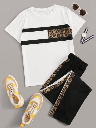 Contrast Leopard Panel Tee & Sweatpants