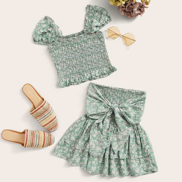 

Ditsy Floral Shirred Top & Tie Front A-line Skirt, Green