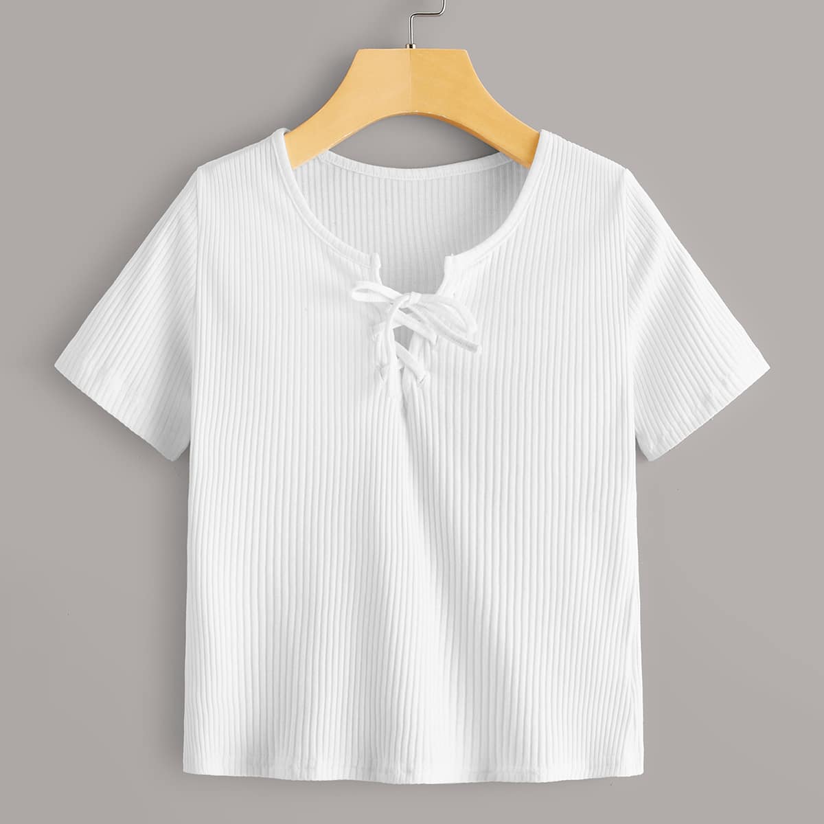

Lace Up Neck Ribbed Tee, White