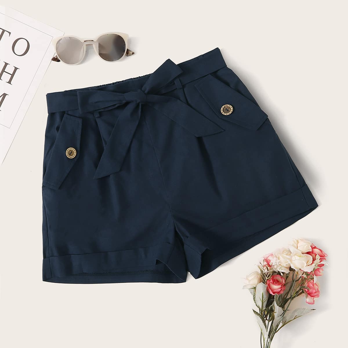

Foldover Buttoned Pocket Belted Shorts, Navy blue
