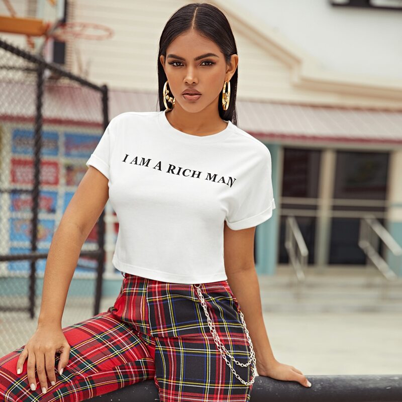 

Slogan Graphic Roll Up Sleeve Crop Tee, White