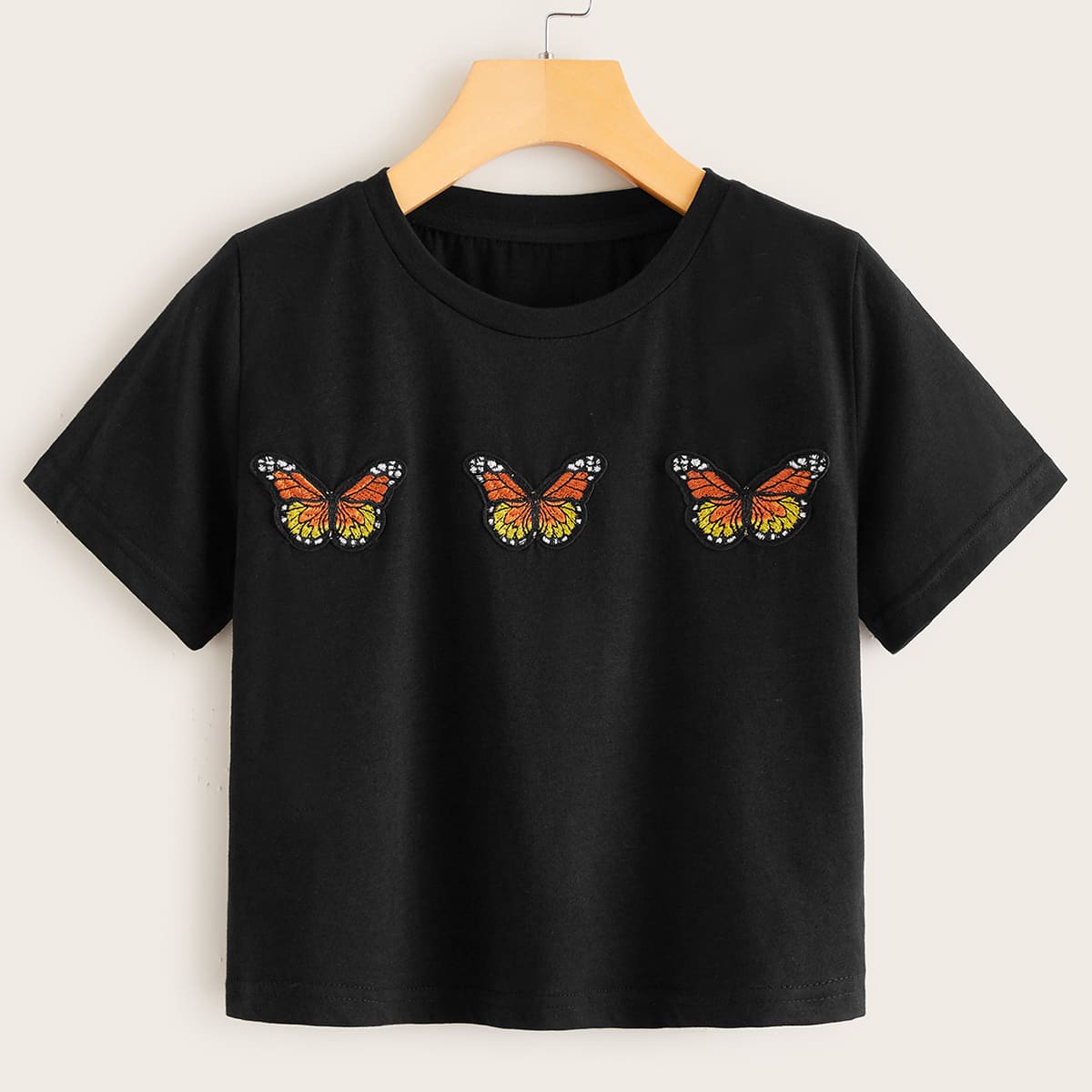 

Butterfly Embroidery Black Crop Tee