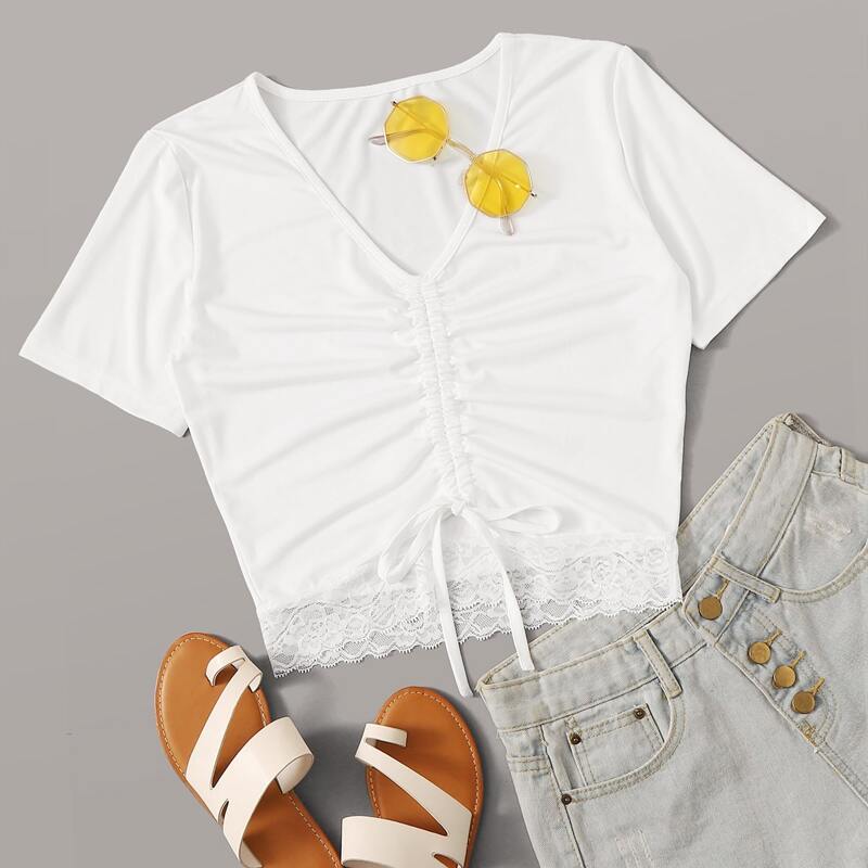 

Lace Hem Drawstring Crop Top, White