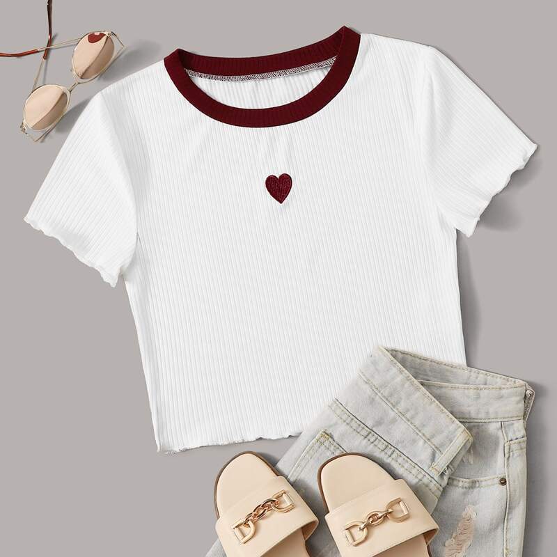 

Heart Embroidery Lettuce Trim Tee, White