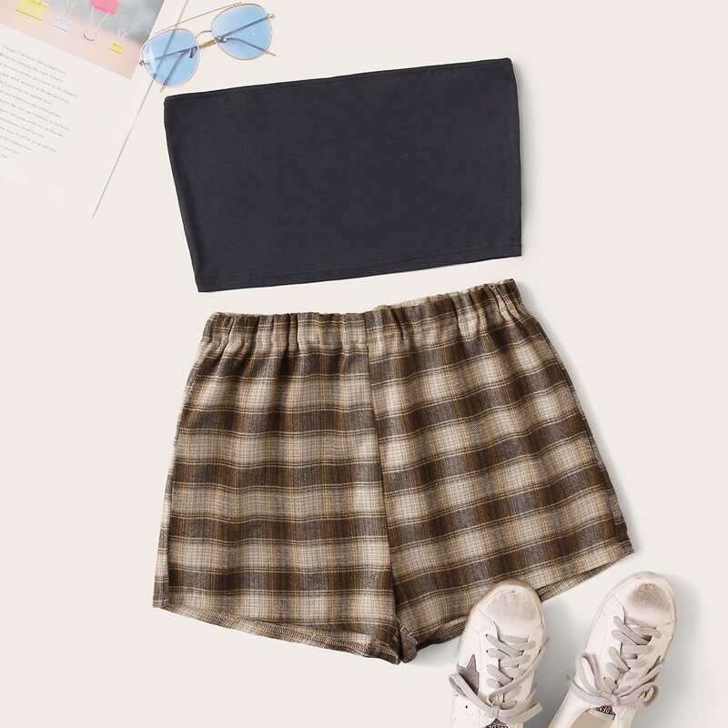 

Black Tube Top & Plaid Shorts, Multicolor