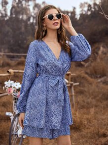 Mono con cinturón con estampado floral de margarita - Azul - Ver 3