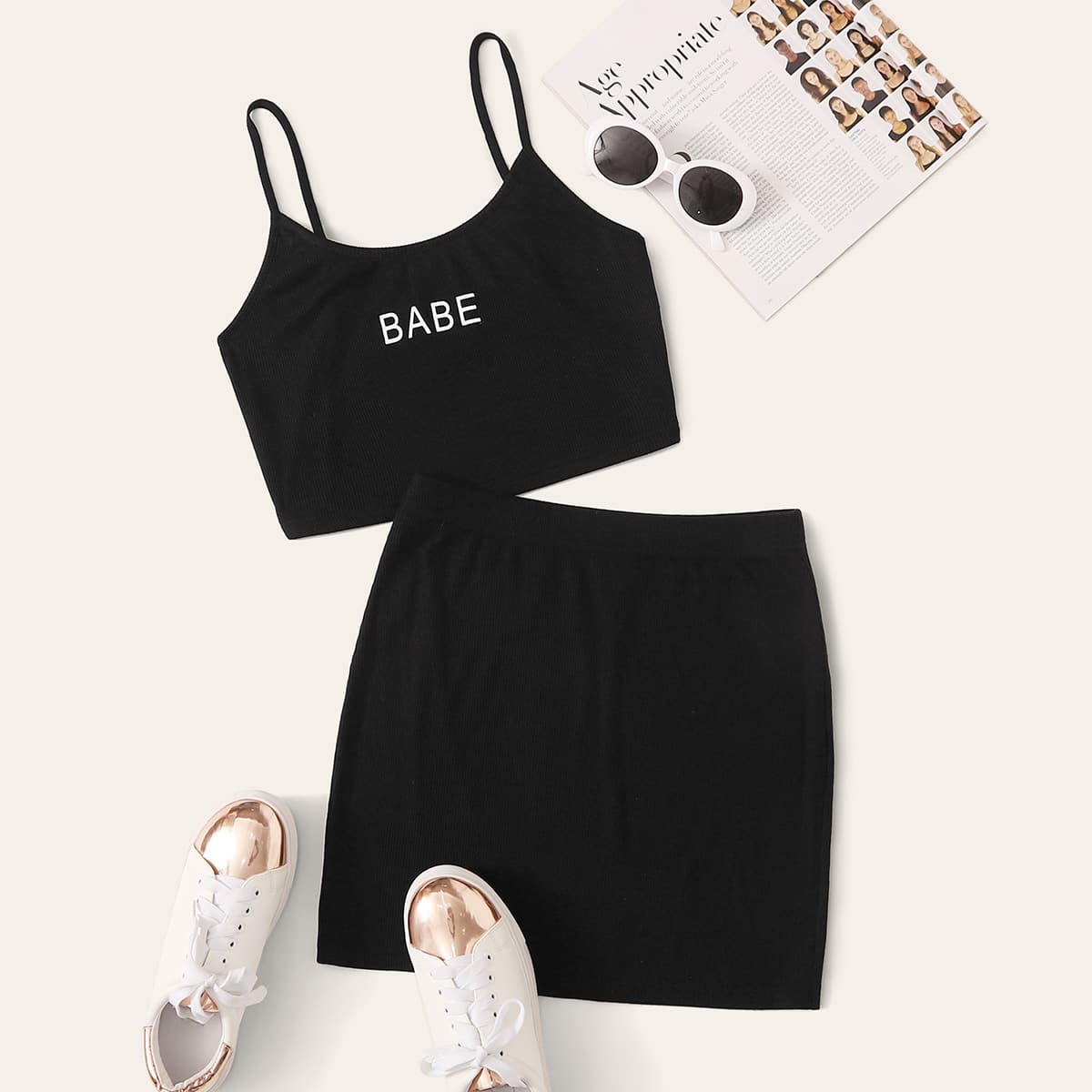 

Letter Graphic Rib-knit Cami Top & Skirt Set, Black