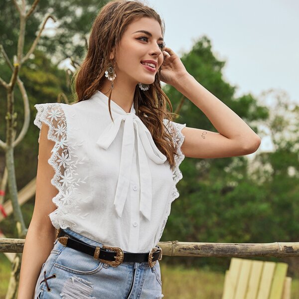 

Tie Neck Lace Trim Blouse, White