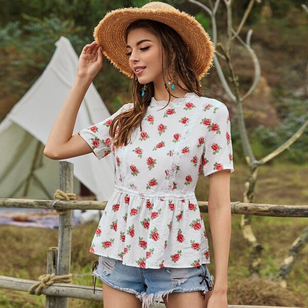 

Ditsy Floral Lace Panel Peplum Blouse, White