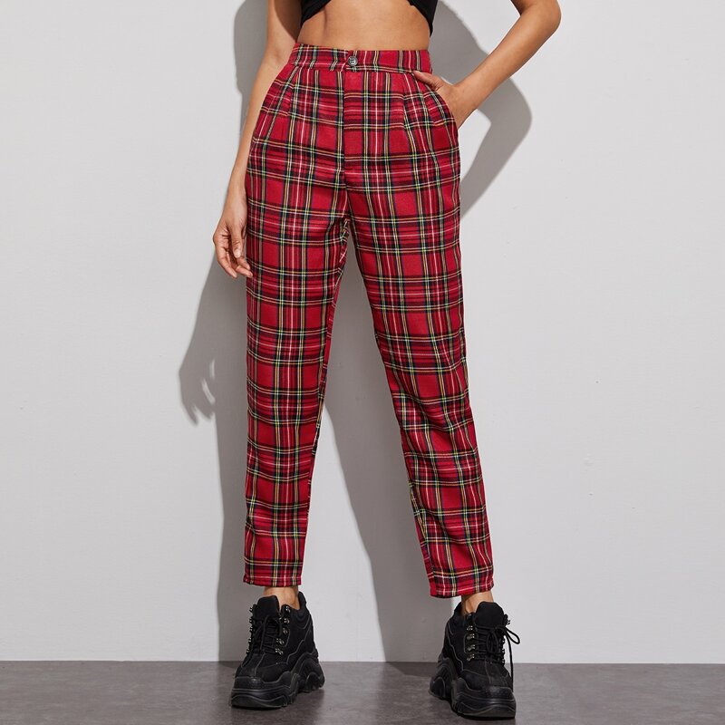 

Tartan Print Tapered Leg Pants, Red