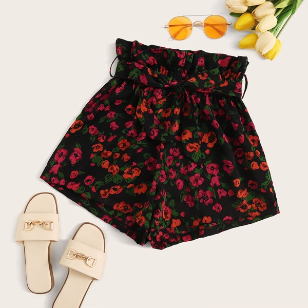 

Floral Print Paper Bag Waist Belted Shorts, Multicolor