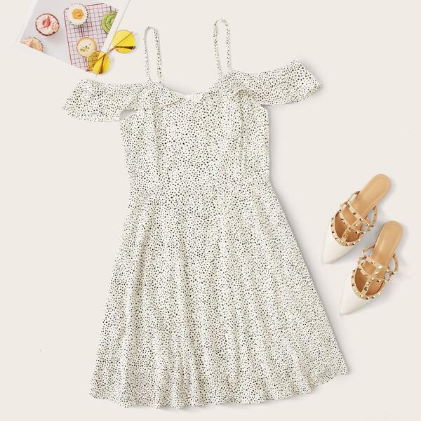 

Dalmatian Print Ruffle A-line Dress, White