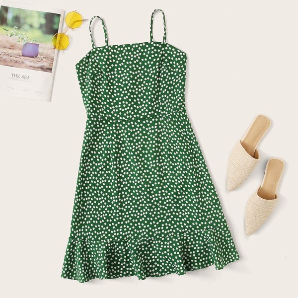 

Ditsy Floral Ruffle Hem Cami Dress, Green