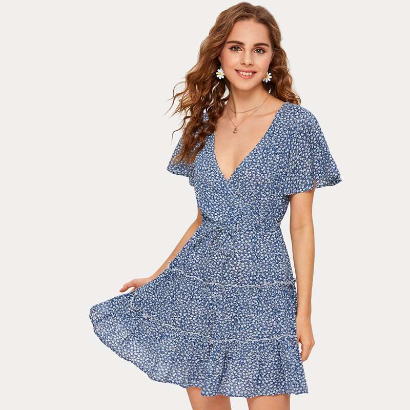 

Ditsy Floral Wrap Tiered Dress, Blue
