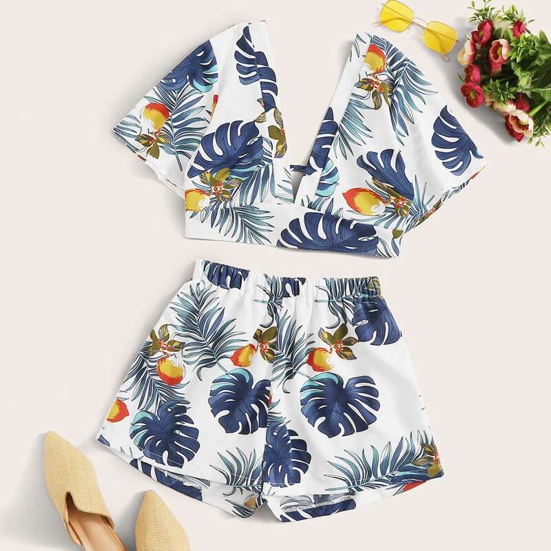 

Tie Back Tropical Print Crop Top With Shorts, Multicolor
