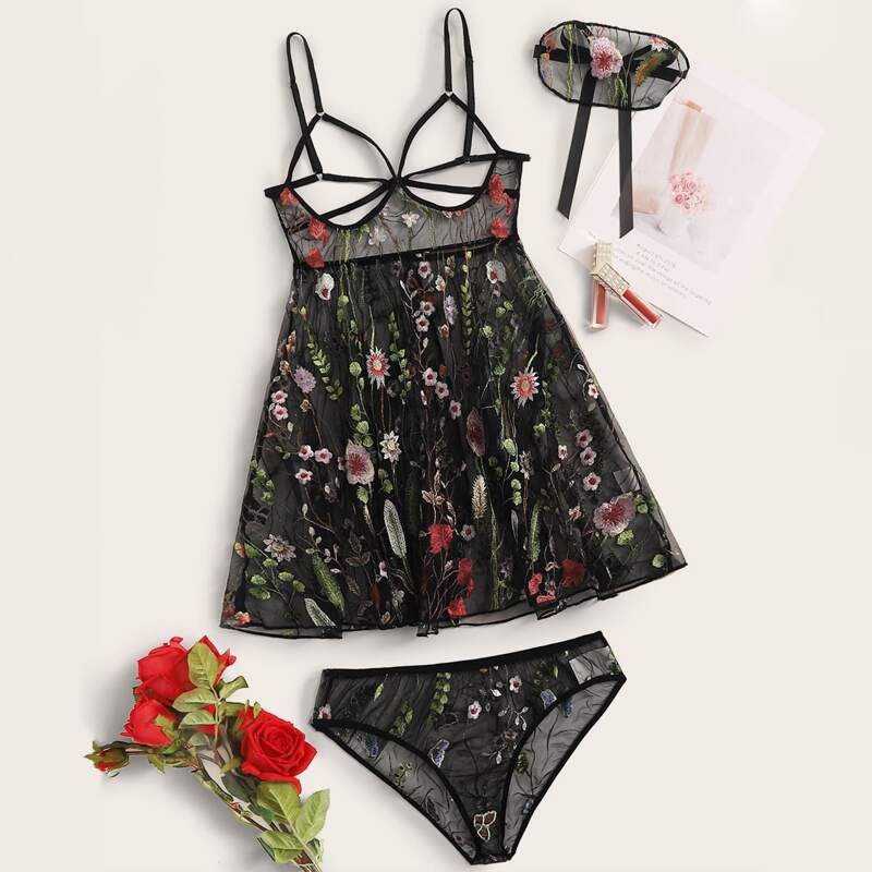 

Floral Embroidery Mesh Slips With Panty & Eye Mask, Black