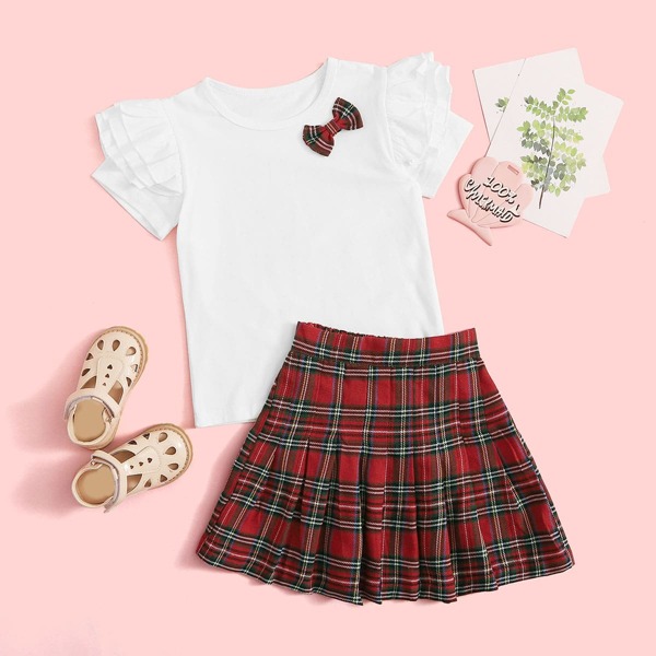

Toddler Girls Layered Ruffle Bow Tee With Tartan Skirt, Multicolor
