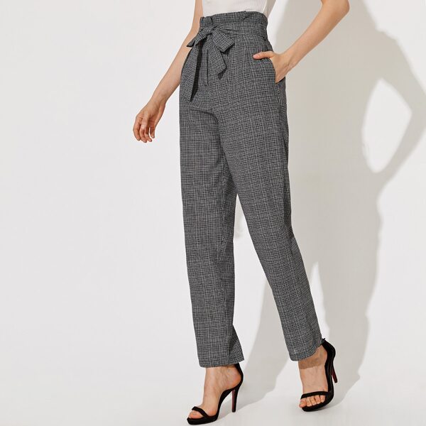 

Plaid Belted Paperbag Waist Tailored Pants, Grey