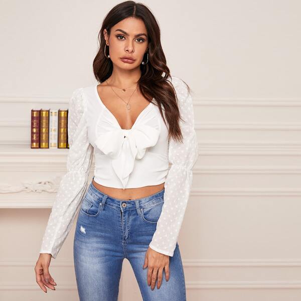 

Embroidered Gigot Sleeve Tie Front Crop Top, White