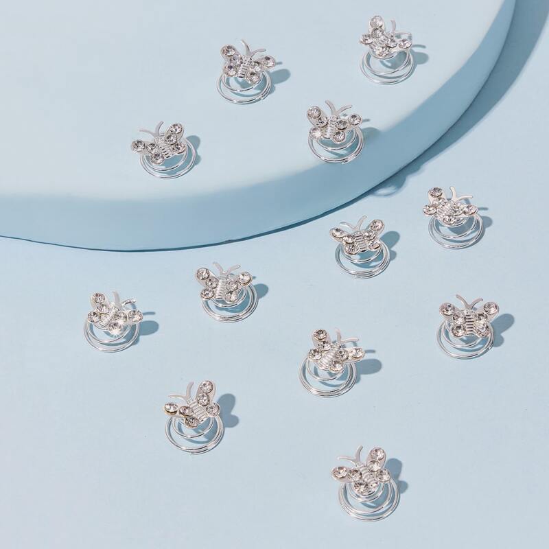 

12pcs Rhinestone Decor Butterfly Hair Clip, Silver