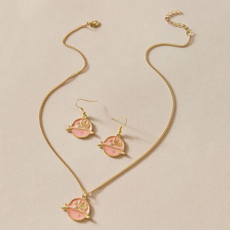 

3pcs Cat & Planet Charm Necklace & Earrings
