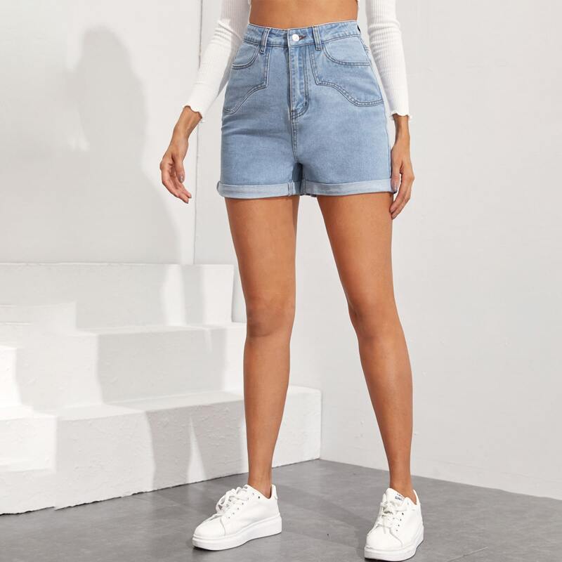 

Light Wash Roll Up Hem Denim Shorts, Blue pastel