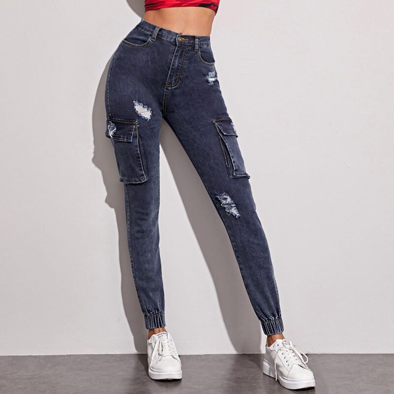 

Dark Wash Ripped Cargo Jeans, Navy