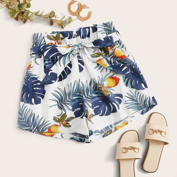 

Tropical Print Paperbag Waist Belted Shorts, Multicolor