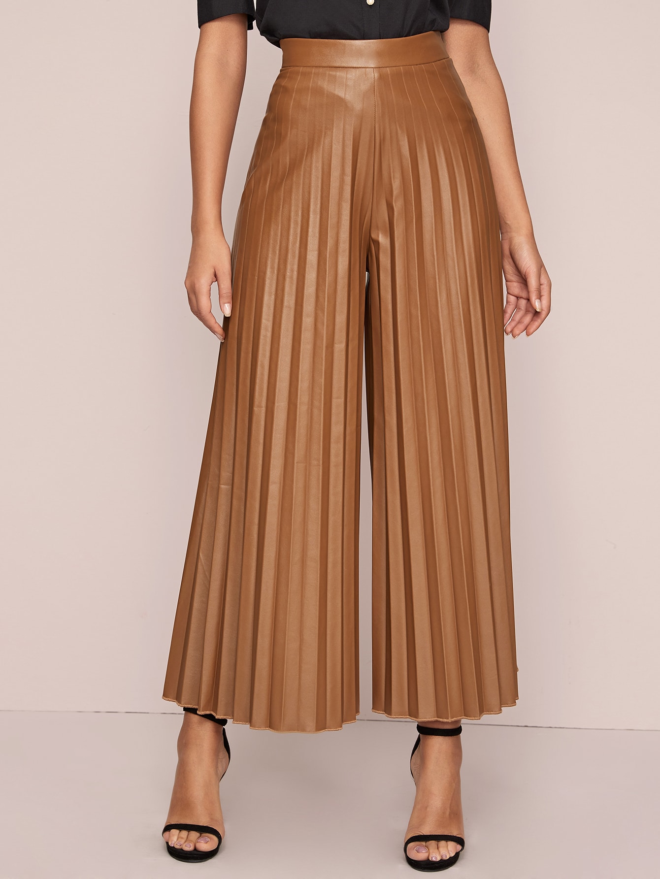 SHEIN PU Leather Wide Leg Pleated Pants 