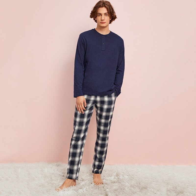 

Guys Button Detail Top & Plaid Pants PJ Set, Multicolor