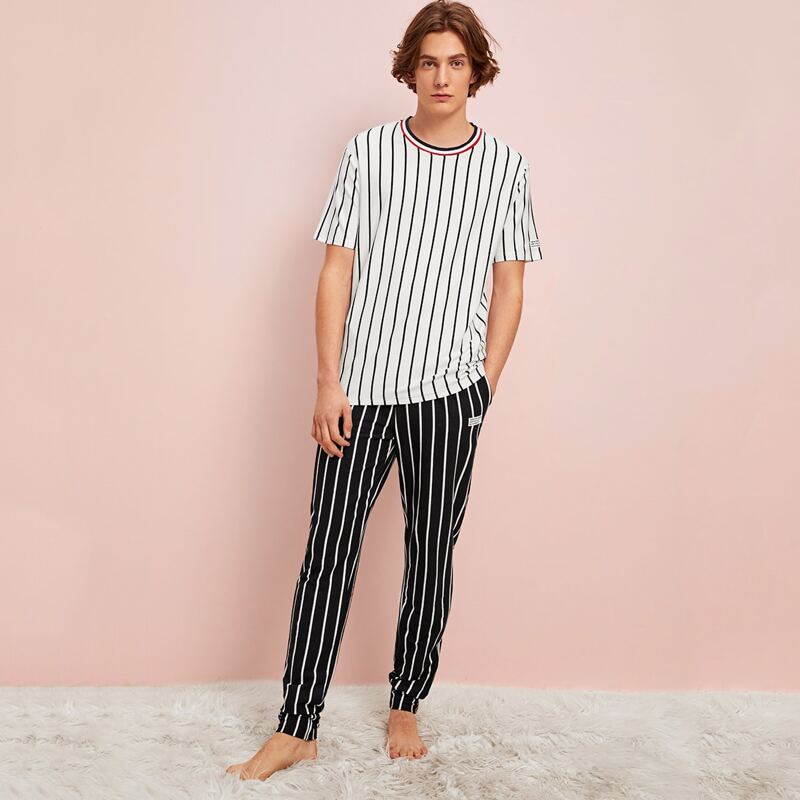 

Guys Patched Detail Striped Tee and Slant Pocket Pants PJ Set, Black and white