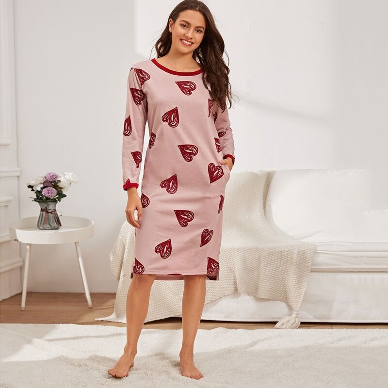 

Heart Print Night Dress, Pink
