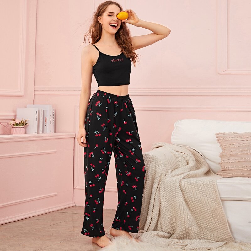 

Cherry Print Cami PJ Set, Black