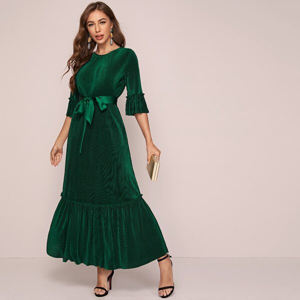 

Flounce Sleeve Frill Trim Self Belted Plisse Dress, Green