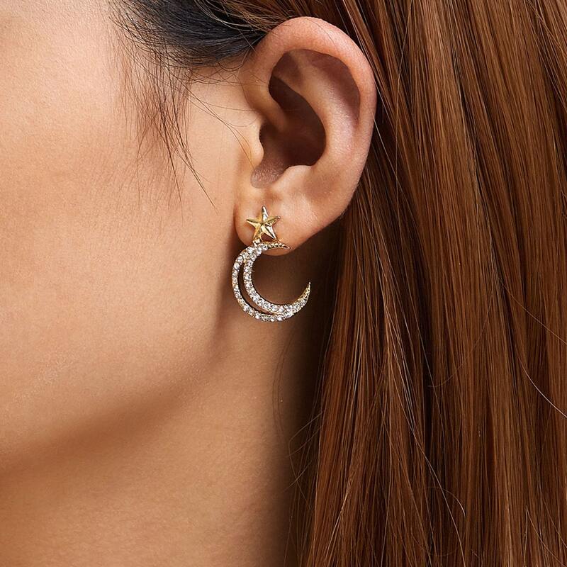 

1pair Star Decor Rhinestone Engraved Moon Stud Earrings, Multicolor
