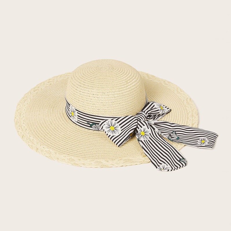 

Striped Pattern Bow Knot Decor Straw Hat, Beige