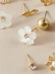 RINTOLER 9pairs/Set Japanese & Korean Unconventional Design Pearl & Flower & Geometric Shape Earrings Suit All Occasions Valentines,Mom,Mother,Mother's Day,Gift