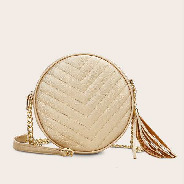 

Tassel Decor Chevron Crossbody Bag, Gold