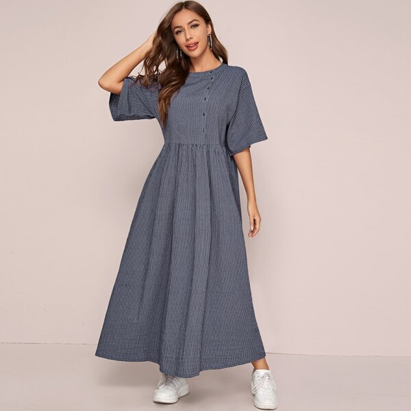 

Button Detail Striped Maxi Dress, Navy