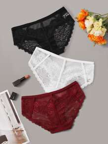3pack Floral Lace Mesh Panty Set - Multicolor - View 1