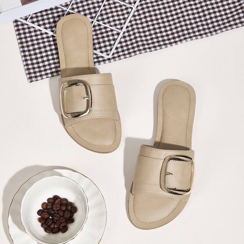 

Buckle Decor Open Toe Sliders, Apricot
