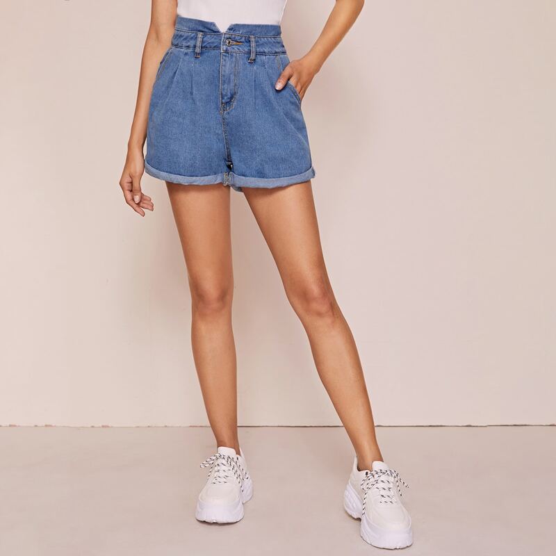 

Solid High Rise Rolled Hem Denim Shorts, Blue