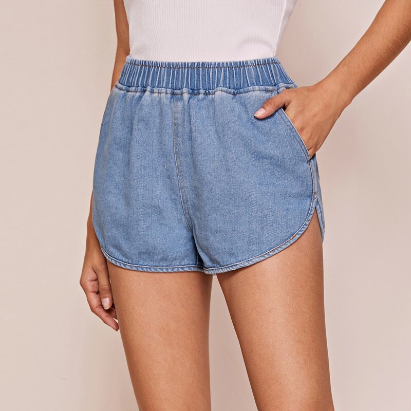 

Solid Slant Pocket Denim Shorts, Blue