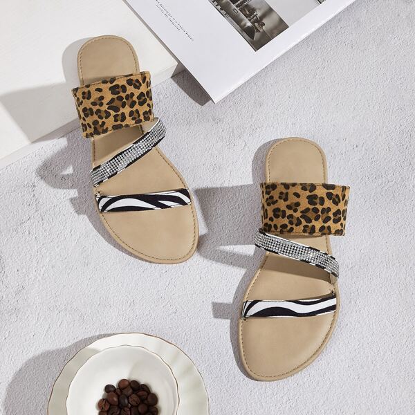 

Leopard Print Panel Rhinestone Decor Open Toe Sliders, Multicolor