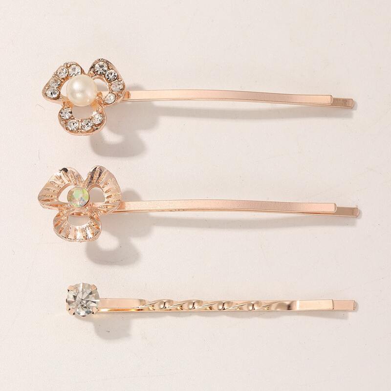 

3pcs Rhinestone Engraved Faux Pearl Decor Hair Clip, Gold