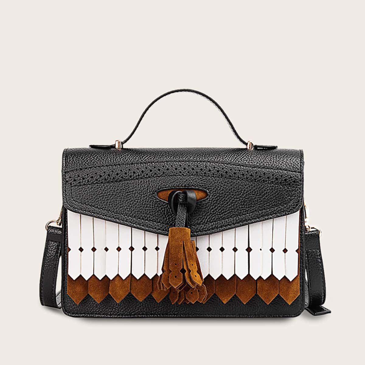 

Tassel Decor Color Block Satchel Bag, Multicolor