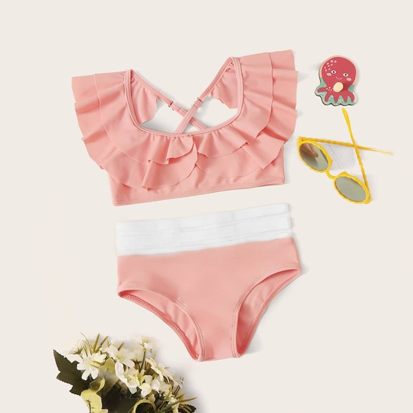 

Toddler Girls Tiered Layer Top With High Waisted Bikini, Pink