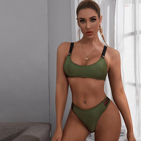 

Contrast Mesh Adjustable Strap High Cut Bikini Swimsuit, Army green pastel